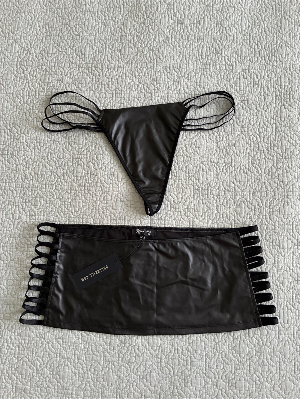NEW Dolls Kill Generation Kiss Black Faux Leather Strappy Thong Mini Skirt Set